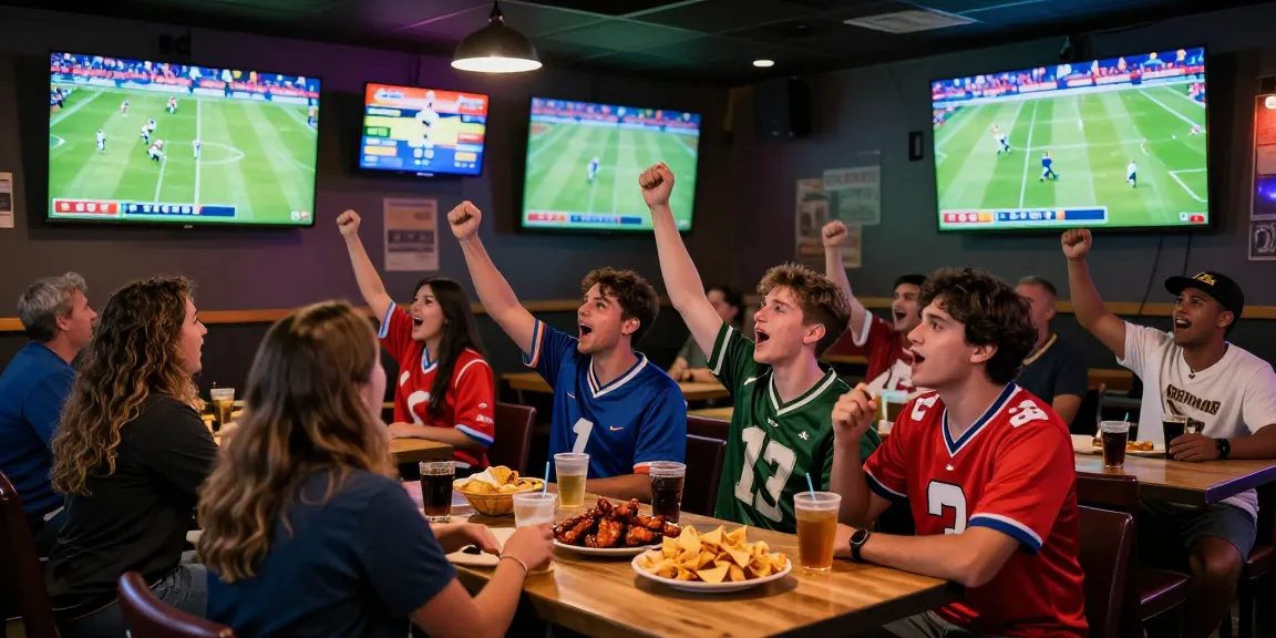 Excited crowd in a sports bar watching live football, ضغط هنا للمشاهدة for today's match highlights.