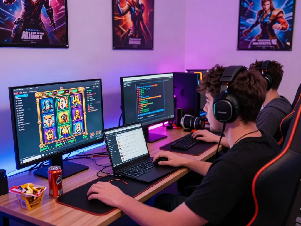 Player engaging with akunjp online gaming setup featuring dual monitors and vibrant graphics.