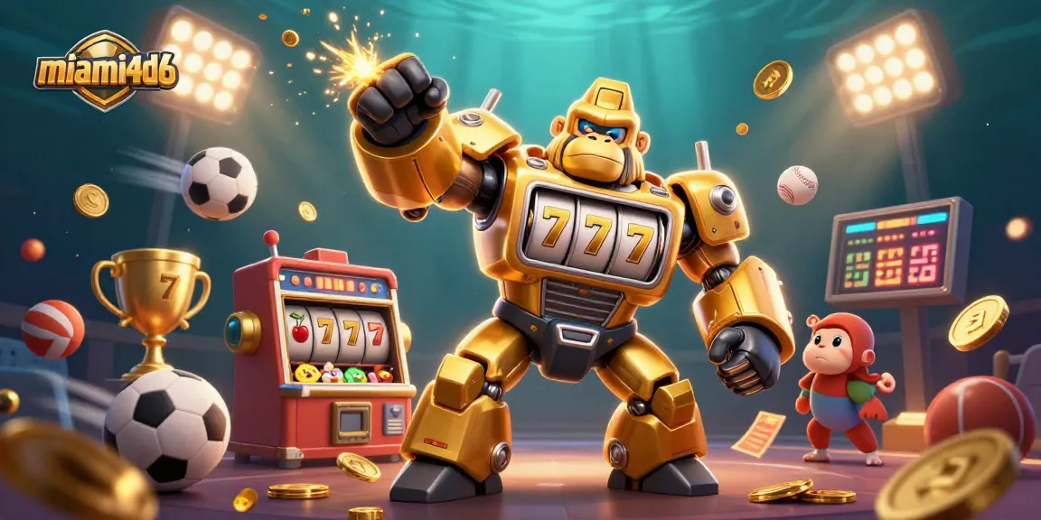 Experience exciting gaming with miami4d6's golden gorilla mech amidst vibrant 3D casino elements.