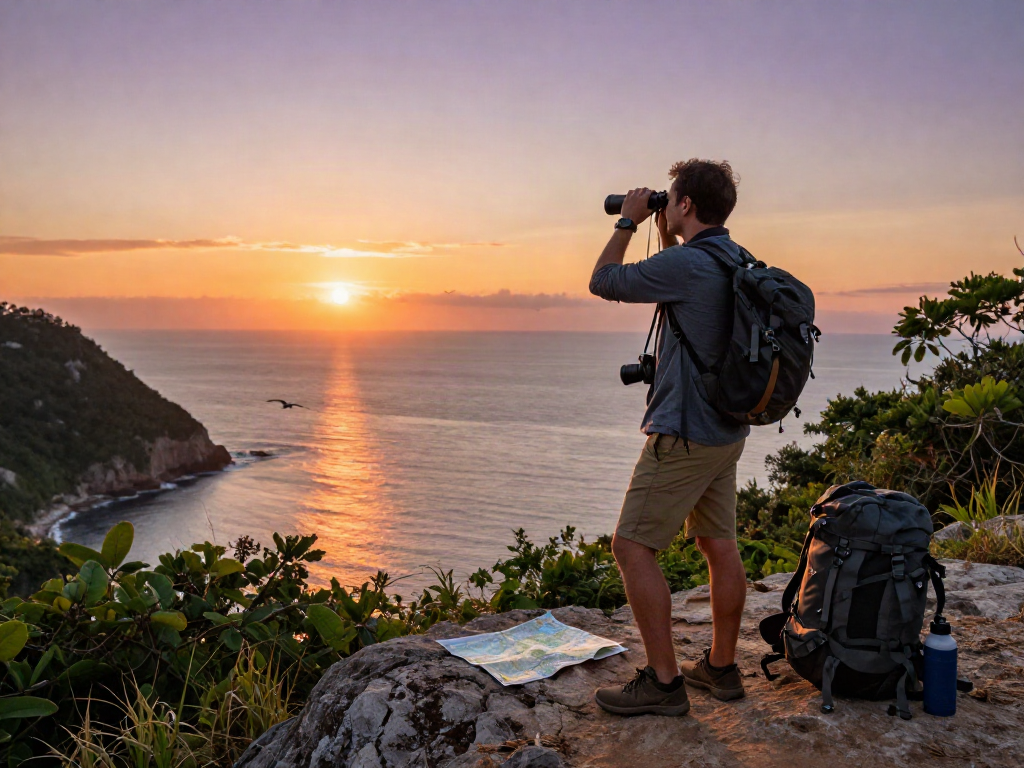 Adventurous traveler using binoculars and exploring coastal views, engaging with the slot qris 5000 lifestyle.