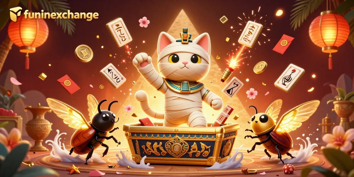Engage in thrilling action at funinexchange with a unique casino-themed illustration featuring a mummy cat.