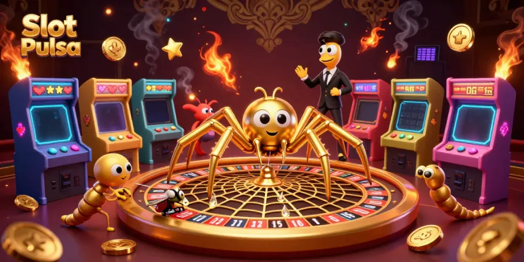 Menghadapi slot pulsa dengan strategi penuh warna dalam gambar 3D menarik yang menggambarkan keseruan permainan.