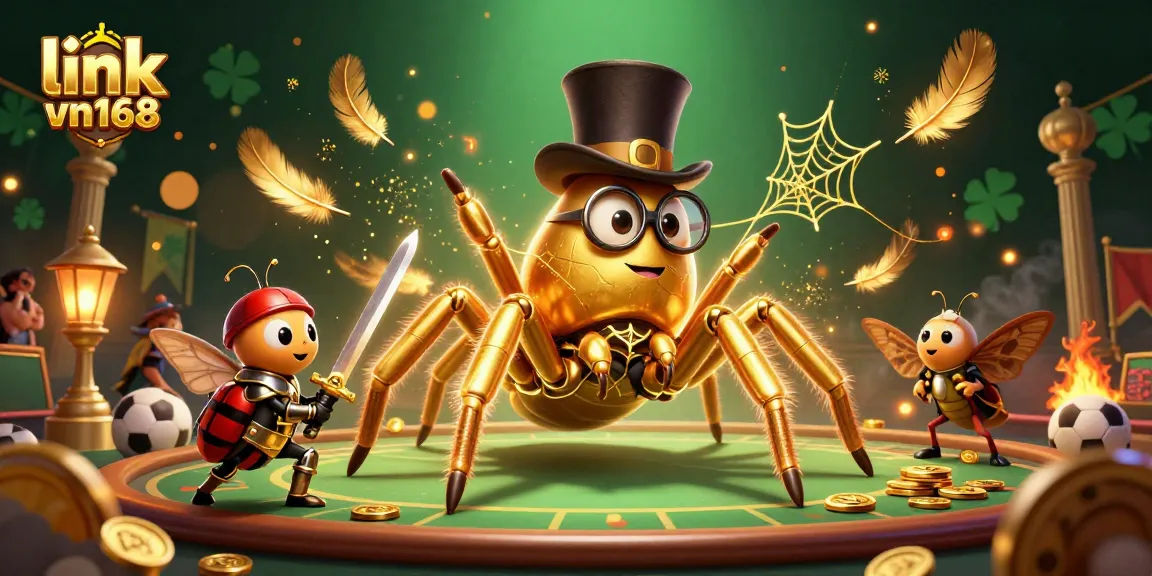 Experience the thrill with link vn168, a vibrant scene capturing a brave beetle knight and a golden tarantula amidst casino excitement.