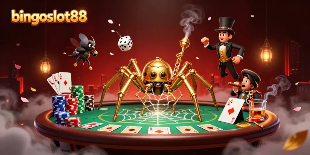 Bingoslot88 menampilkan ilustrasi kasual kasino dengan laba-laba steampunk dan elemen perjudian menarik.