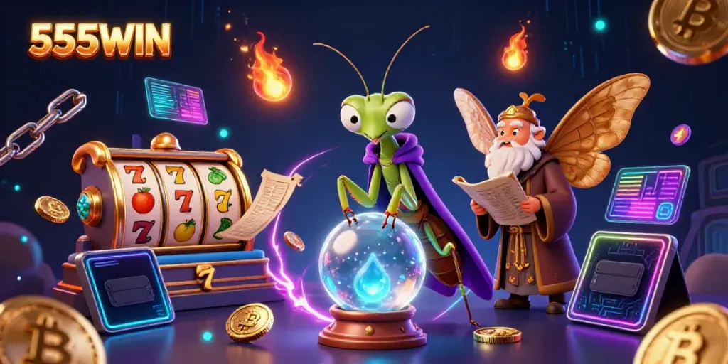 Experience exciting slots and jackpots in 555WIN with mystical characters and vibrant crypto elements.