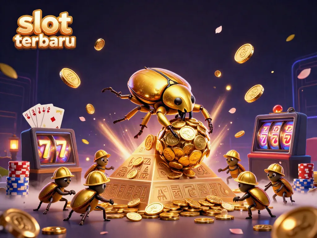 Permainan slot terbaru dengan penggulung bug emas dan simbol kasino yang mengkilap.