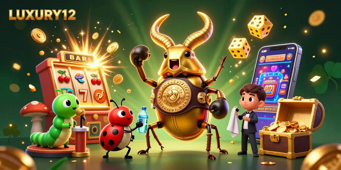 LUXURY12 brings thrilling online slot action with a giant golden stag beetle and friends in an exciting casino scene.