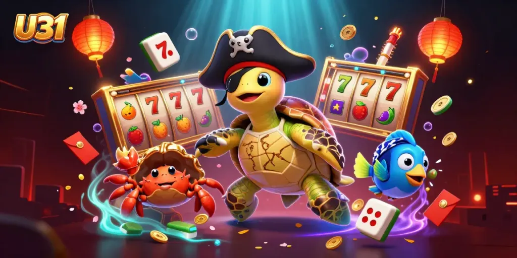 Spin jackpots with U31, showcasing a pirate turtle, golden hermit crab, and vibrant casino elements.