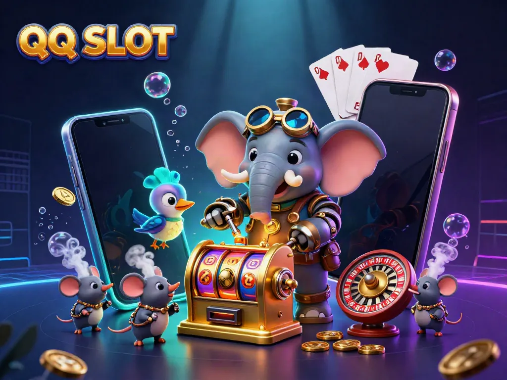 Experience excitement with QQ SLOT as a steampunk elephant engineer operates a dynamic slot machine scene.