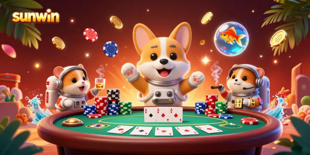Experience thrilling gameplay with sunwin in this dynamic casino illustration featuring a floating corgi.