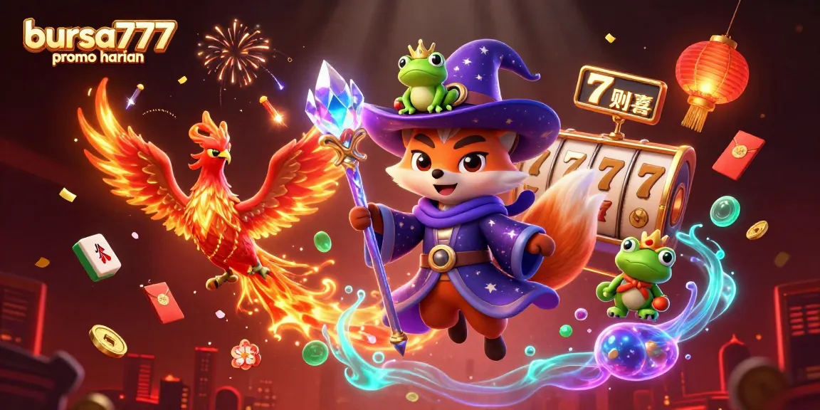 Experience bursa777 promo harian with mystical characters in a vibrant casino-themed illustration featuring exciting game elements.