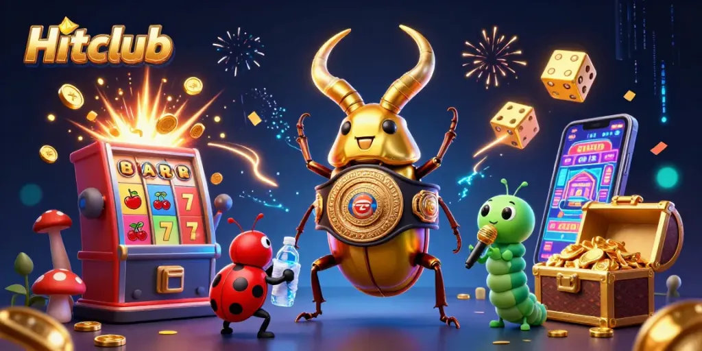 Hitclub showcases thrilling gaming excitement with a giant golden stag beetle and vibrant casino elements for ultimate fun.