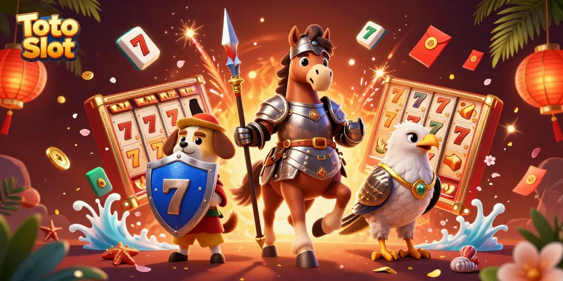 Toto Slot players engaging in a vibrant casino experience with knights, luck symbols, and dynamic game elements.