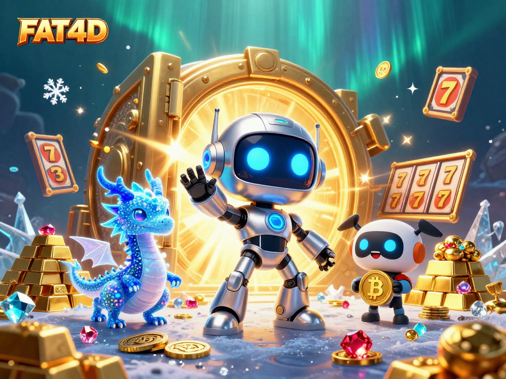 Win big with FAT4D's slot games, featuring neon characters and overflowing treasure elements.
