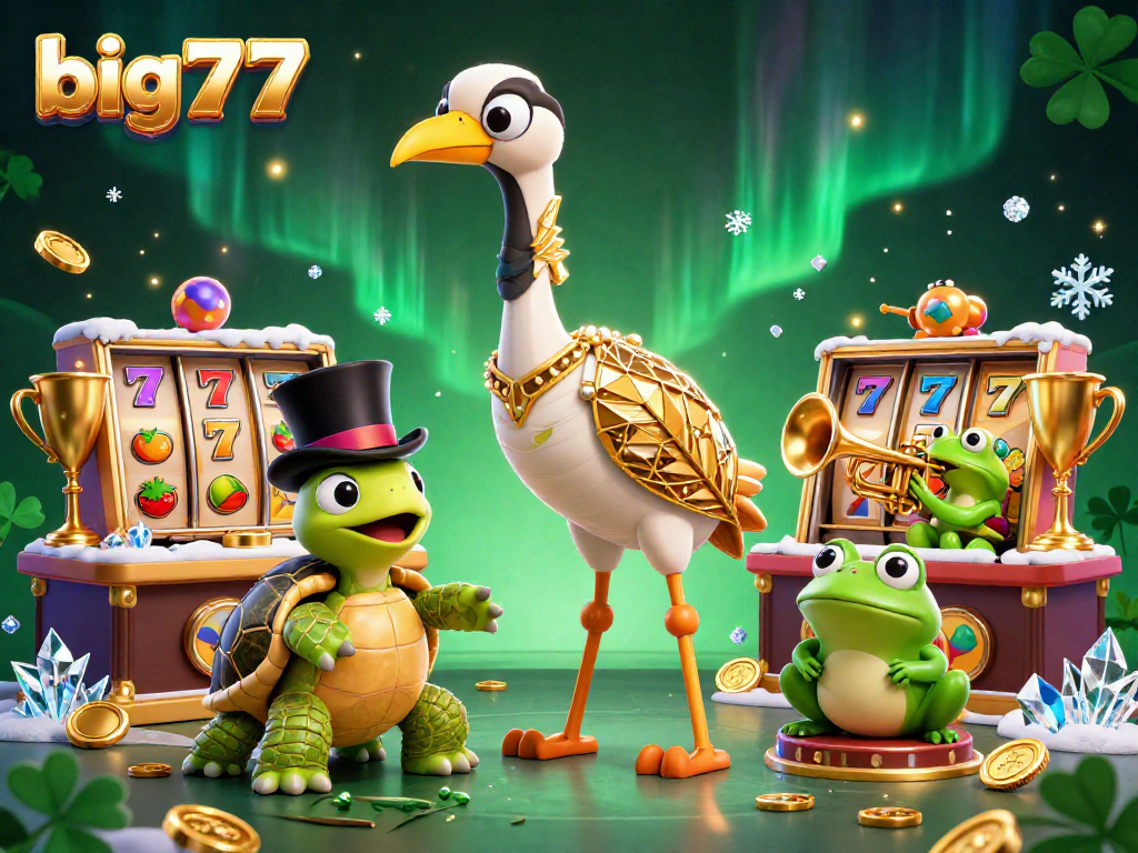 Win big777 with your luck at a vibrant casino featuring animated characters and slot symbols.