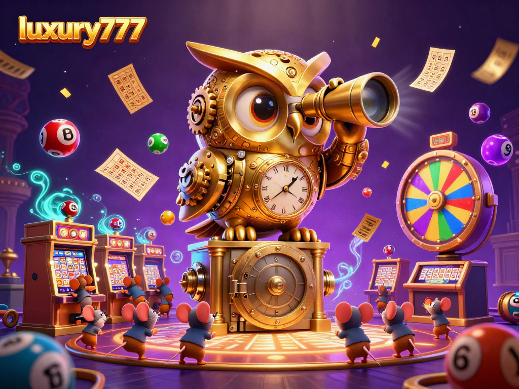 Gambarkan suasana kasino mewah dengan luxury777, burung hantu emas berputar, dan bola lotere berwarna-warni.