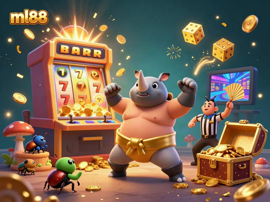 Experience the excitement of ml88 with a vibrant 3D casino scene featuring golden coins, dynamic slot machine, and engaging characters.
