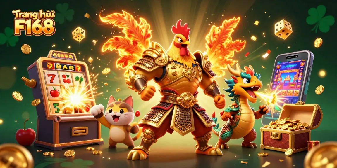 Experience thrilling action at Trang chủ F168 with a vibrant 3D casino scene featuring a rooster warrior and dragon hatchling.