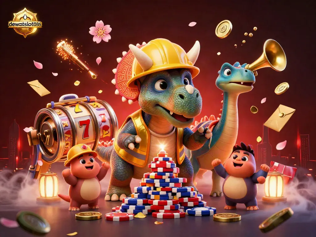 Permainan slot online di dewataslot888 dengan karakter lucu, koin keberuntungan, dan efek kembang api menciptakan suasana meriah.