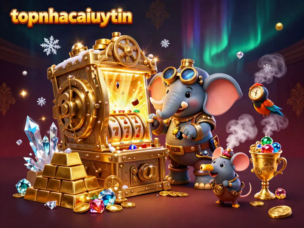 Spin the reels at topnhacaiuytin with a magical steampunk slot machine scene full of treasures.