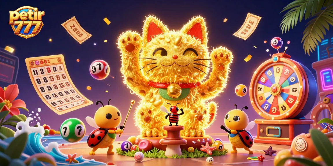 Experience the thrill of petir 777 with this vibrant illustration of a lucky cat and dynamic gambling elements.