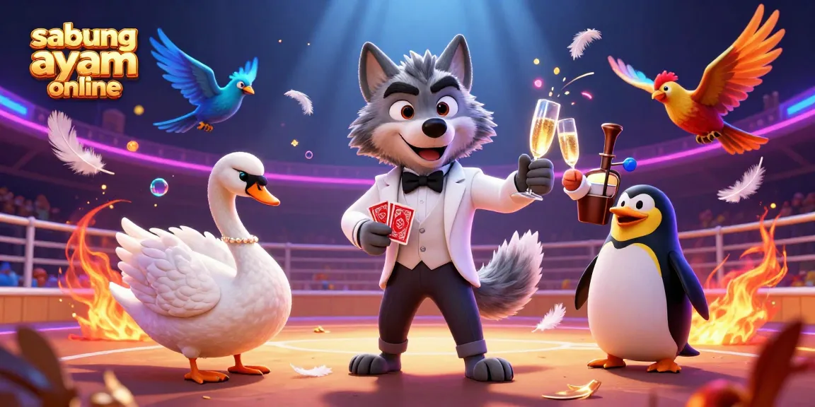 Engage in sabung ayam online with vibrant visuals featuring a debonair wolf and elegant swan in a real-time cockfighting arena.