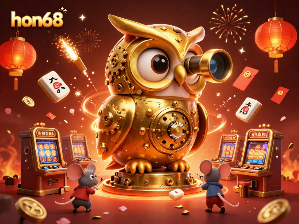 Experience the excitement of hon68 as the golden owl watches over vibrant casino chaos.