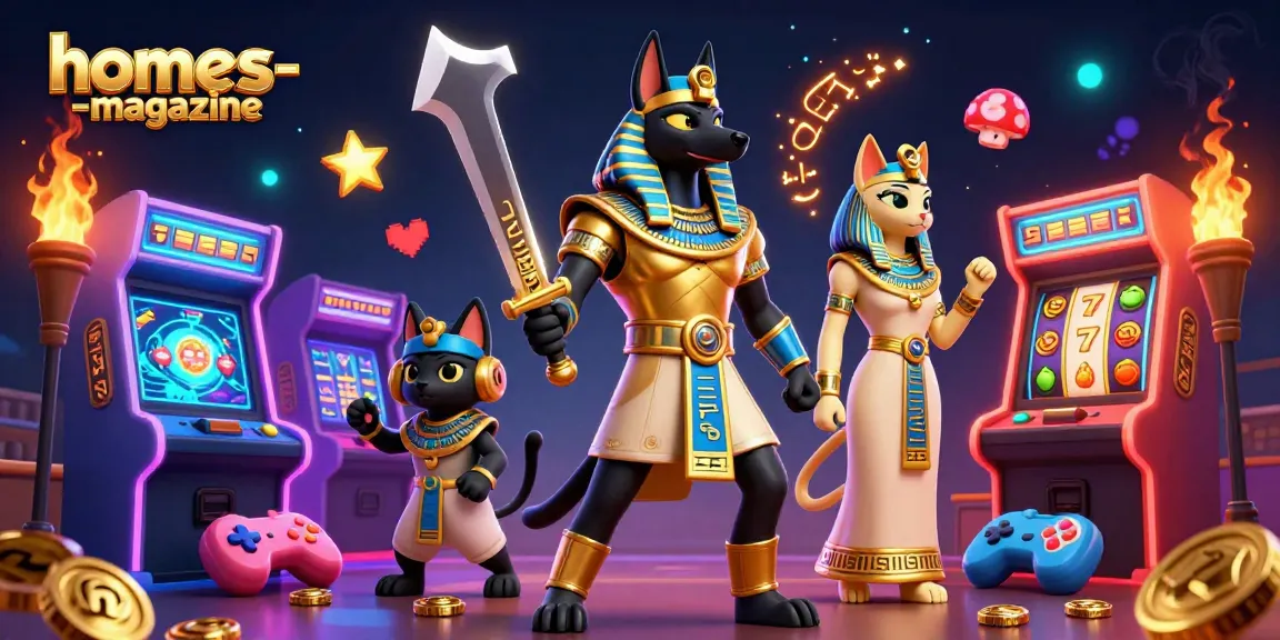 Engage with hommes-magazine's thrilling arcade casino adventure featuring a vibrant scene of Anubis and Bastet.