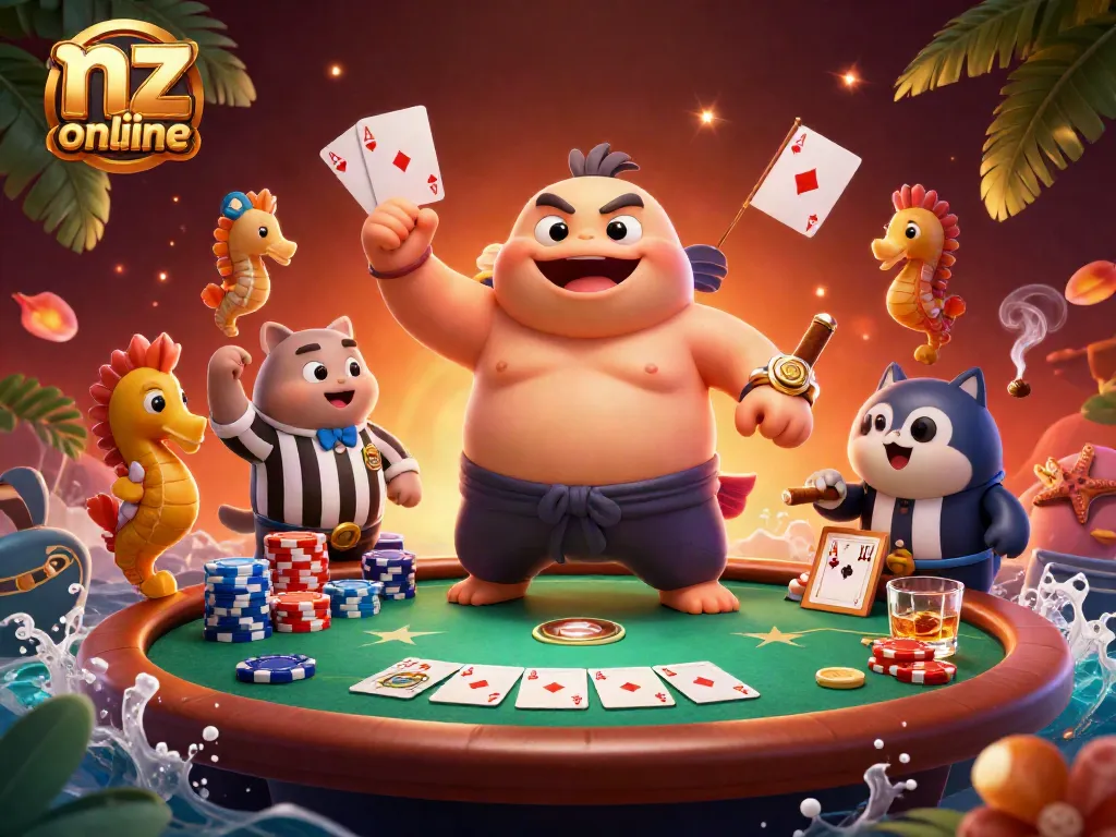 Engage with the exhilarating scene of an nz online casino featuring a fugu playing poker in an underwater ring.