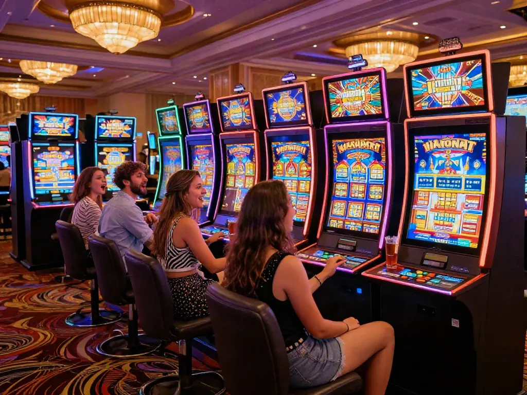 Excited friends enjoying ทดลองสล็อต at a lively casino with vibrant slot machines