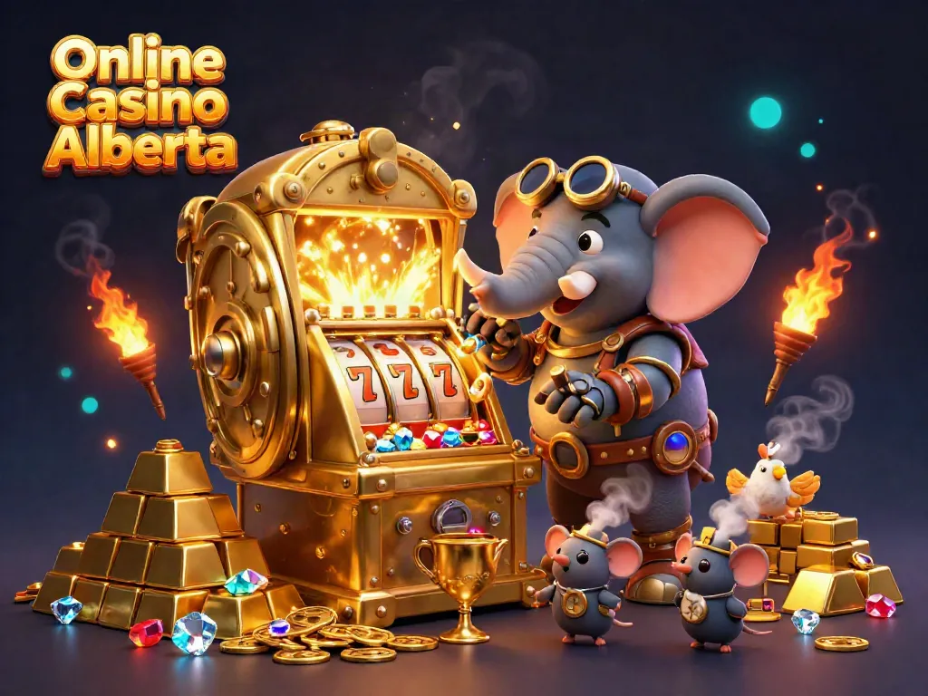 Experience thrilling gameplay at Online Casino Alberta, featuring a dynamic steampunk scene with dazzling gold and gems.
