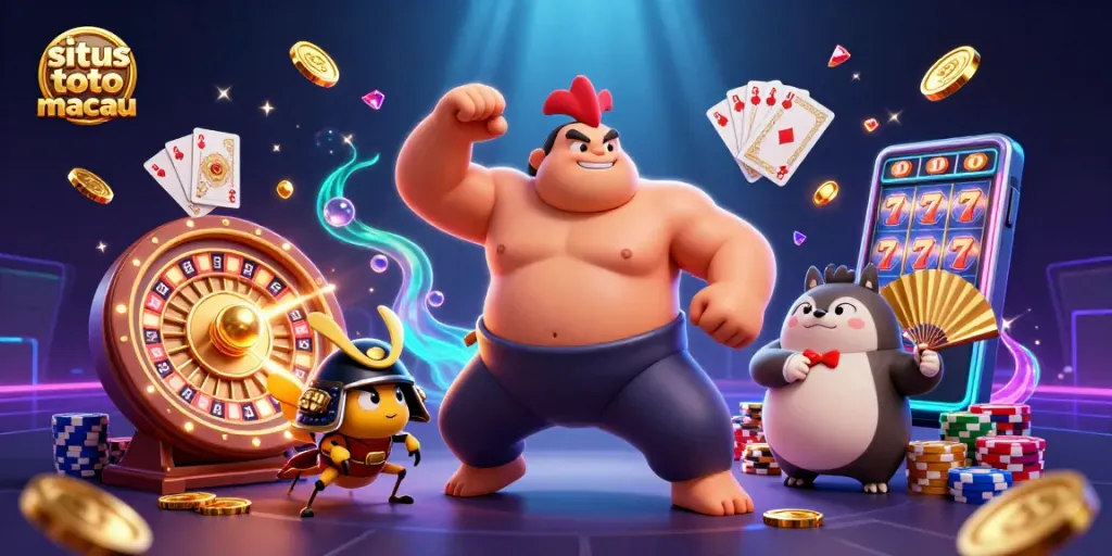 Memainkan situs toto macau dalam ilustrasi 3D dengan karakter unik dan elemen kasino.