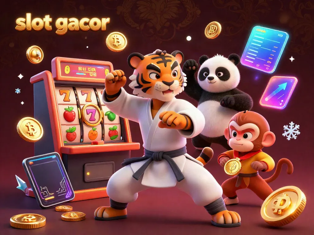 Slot gacor membawa keberuntungan dengan karakter kartun kung fu di tengah slot machine dan simbol jackpot.