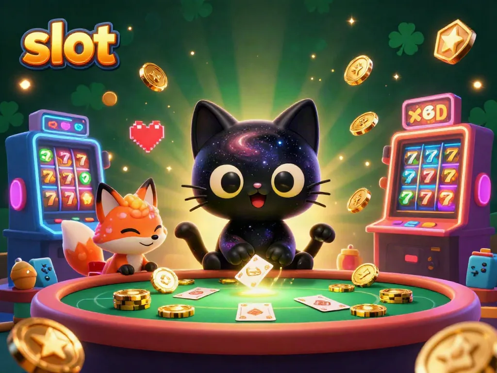 Experience exciting slots with the black hole cat pulling in cards and chips in a vibrant cosmic casino.