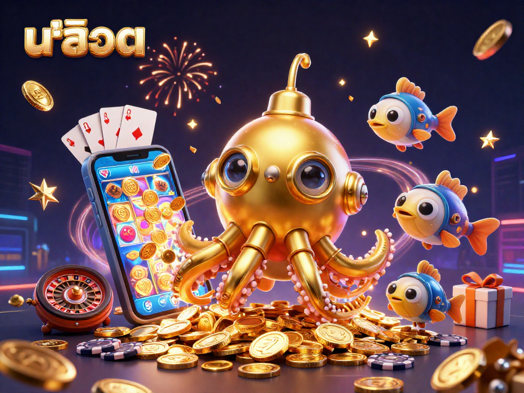 Experience สล็อต excitement with a colossal kraken submarine amid golden coins, showcasing vibrant casino elements.