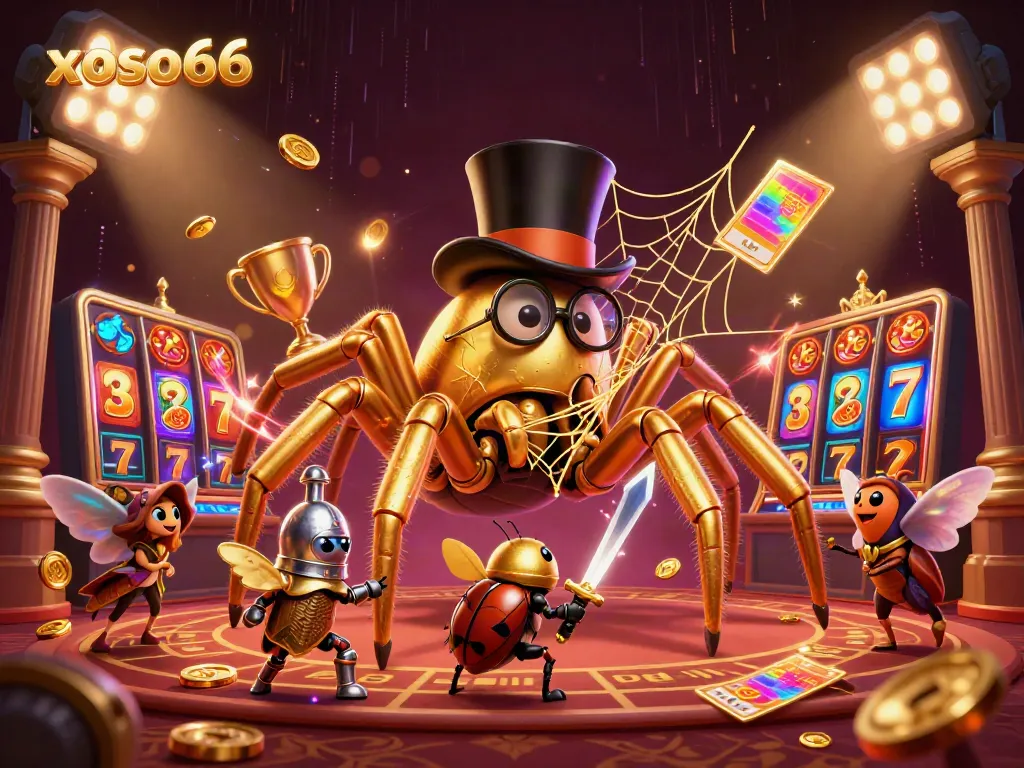 Xoso66 celebrates with a dynamic scene of a golden tarantula and beetle knight amidst slot reels and coins.