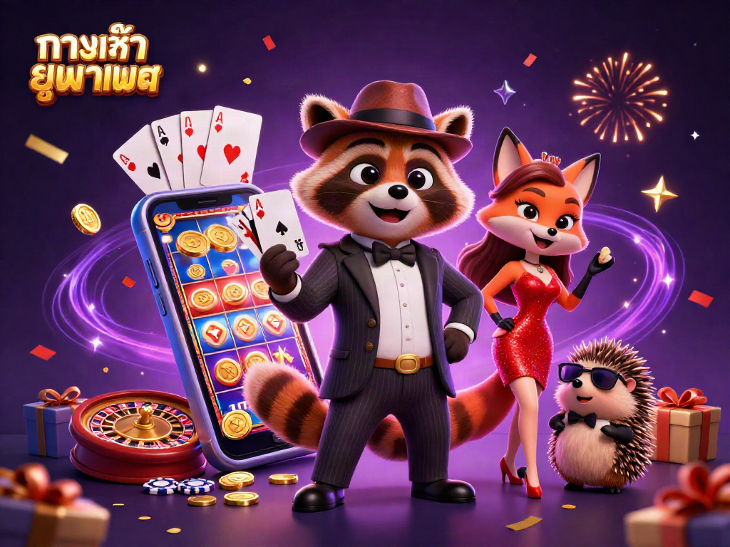Engage with ทางเข้า ยูฟ่าเบท featuring a suave raccoon and charming fox in an immersive casino scene.