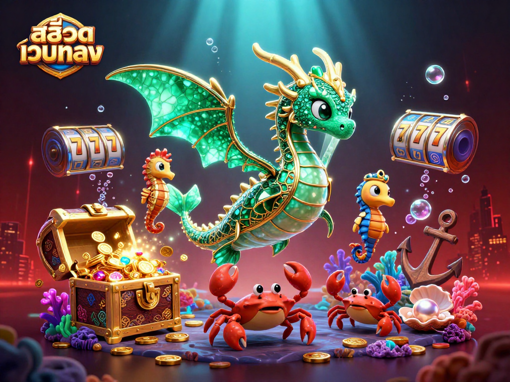 Experience the excitement of สล็อตเว็บตรง with a dynamic underwater scene featuring a sea dragon and treasure.