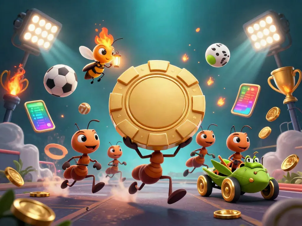 Join the thrilling heist at sunwin as a team of cartoon ants steals a giant poker chip amidst vibrant casino elements.