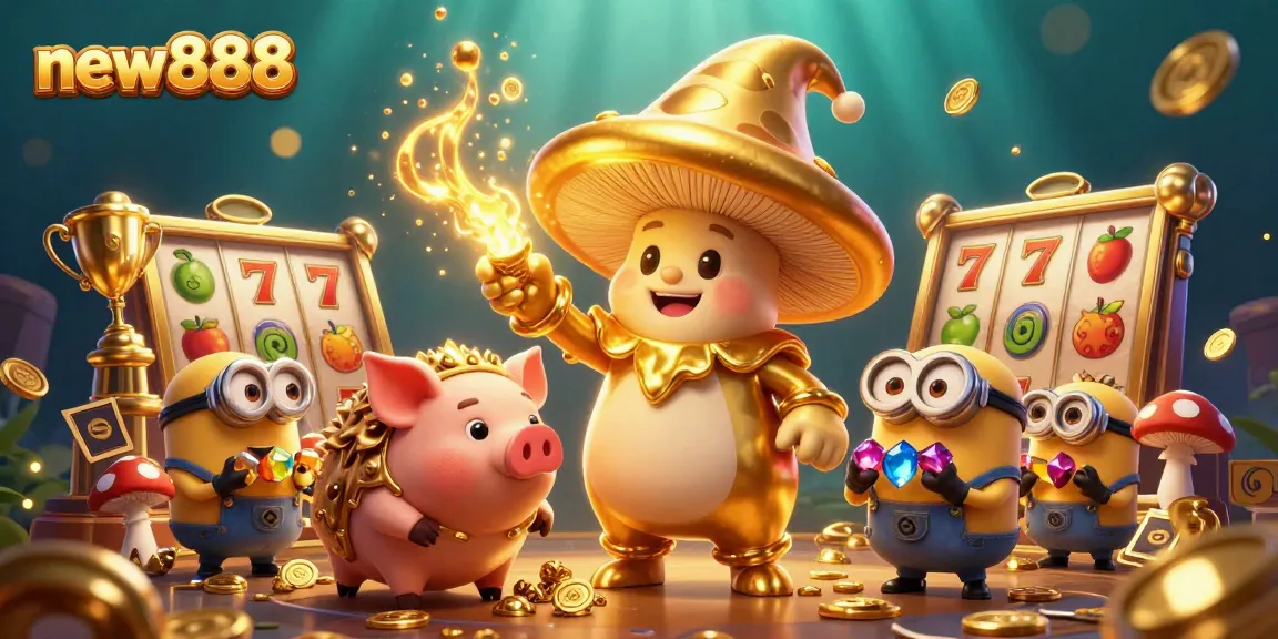 Spin and win with new888's golden mushroom wizard, showcasing magical treasures in an exciting casino scene.