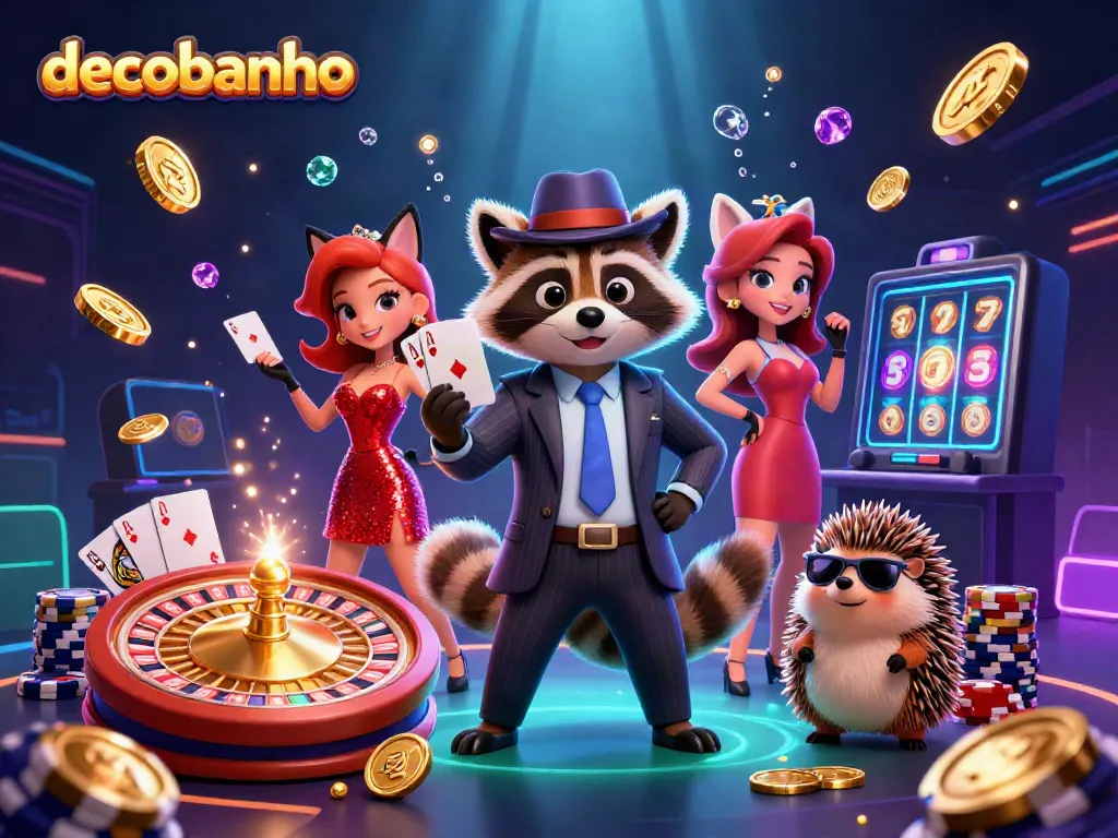 Experience the excitement of decobanho with raccoon and fox characters celebrating at a lively casino scene.