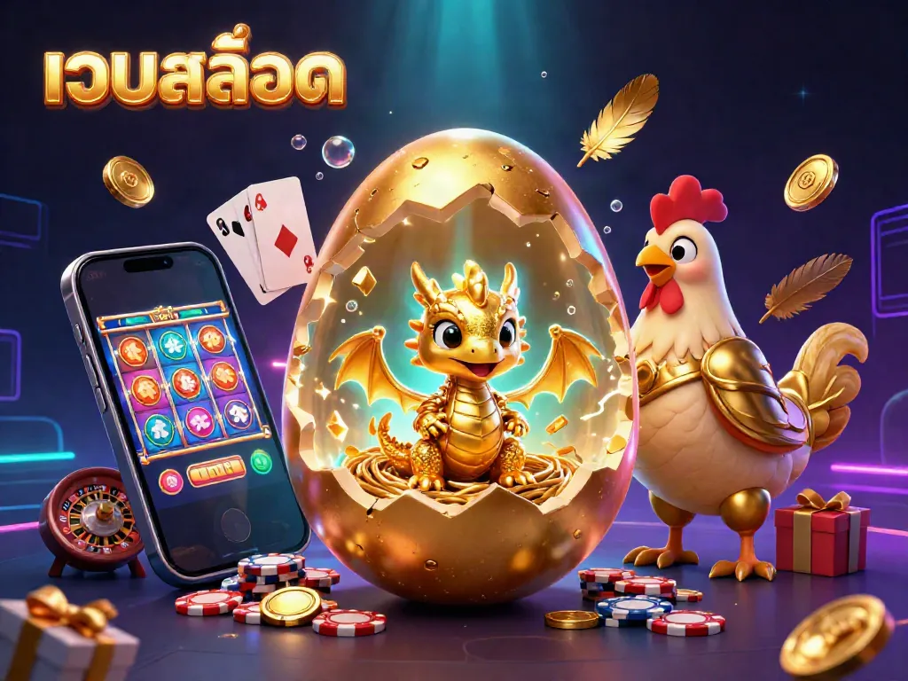 Win big at เว็บสล็อต with a dazzling scene of a golden egg and baby dragon atop poker chips amidst colorful gaming elements.