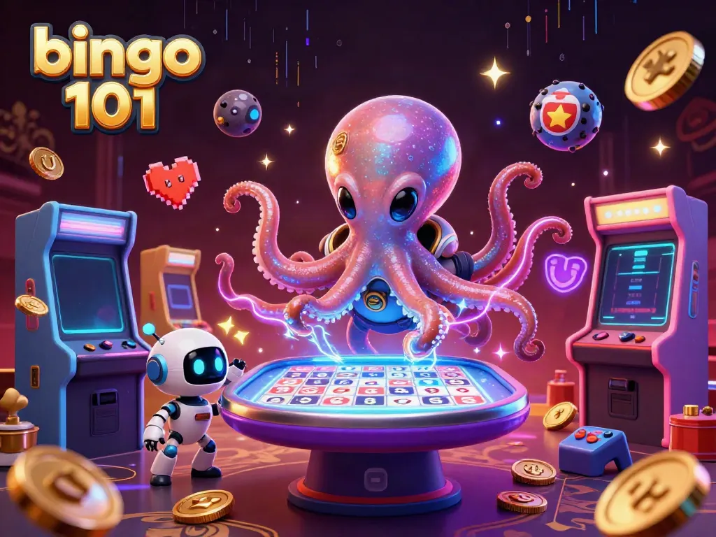 Engage with bingo 101 in this dynamic 3D alien gaming scene filled with vibrant elements.