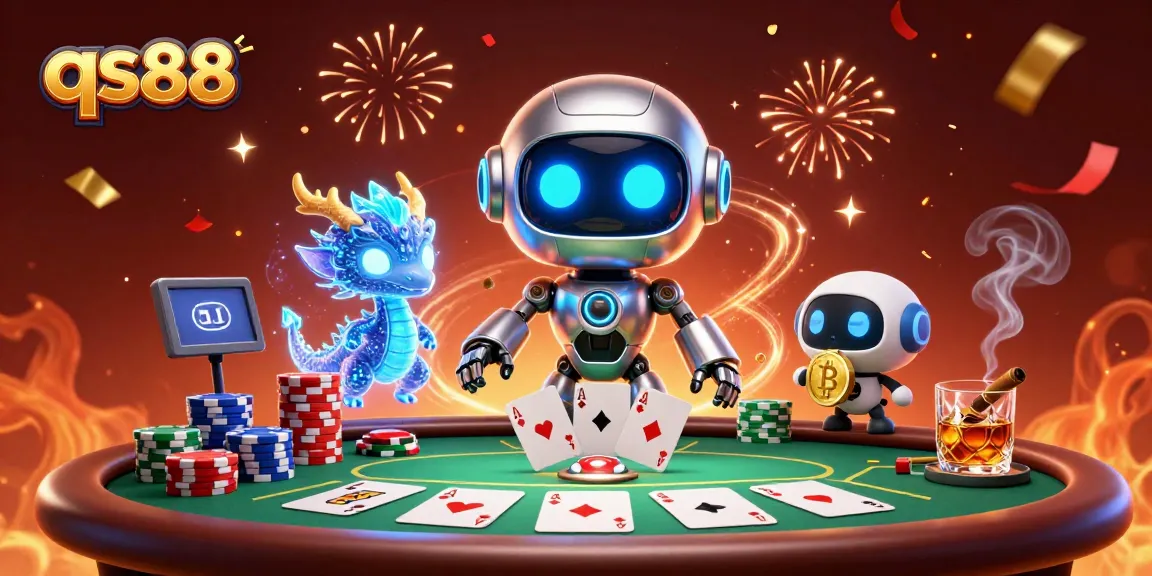 Experience excitement with qs88 in this vibrant 3D casino scene featuring poker action and futuristic characters.