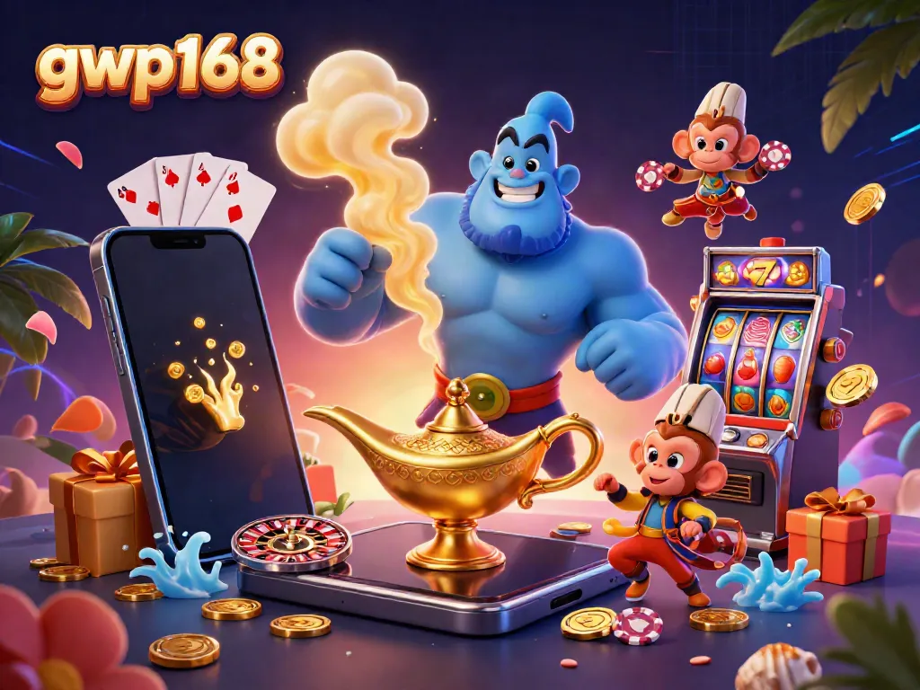 GWP168 menyajikan ilustrasi 3D yang menggambarkan genie, monyet, dan karpet terbang dalam suasana kasino.
