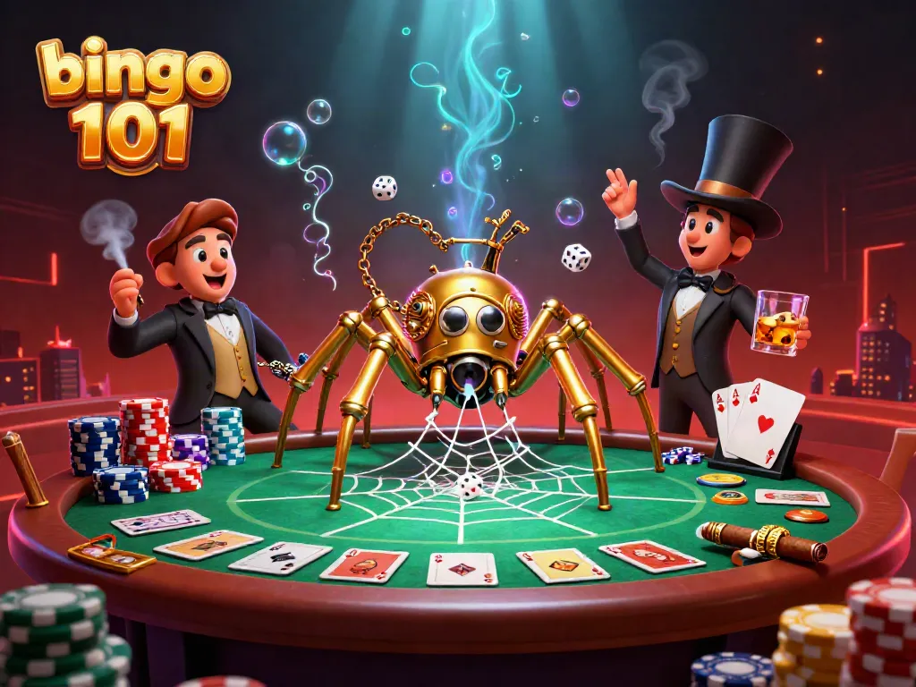 Catch thrilling moments in bingo 101 with a steampunk spider weaving webs of poker elements.