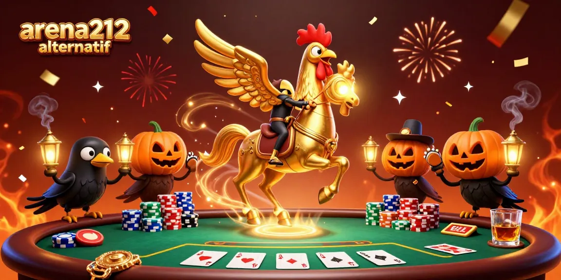 Gambarkan arena212 alternatif dengan ayam emas dan kawanannya di dalam kasino malam.