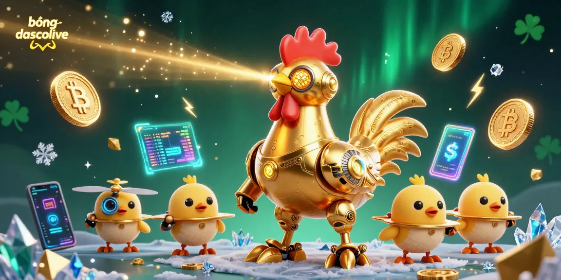 Experience bóngđásocolive's dynamic action with 3D cartoon elements and glowing cryptocurrency features.