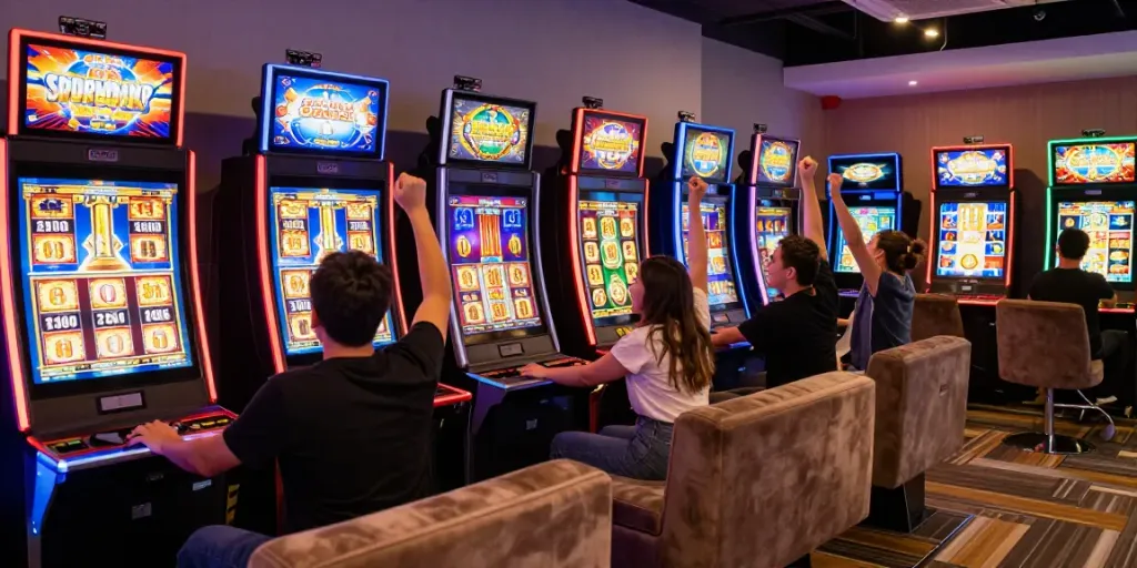 Exciting slot gaming scene with players celebrating a jackpot win.