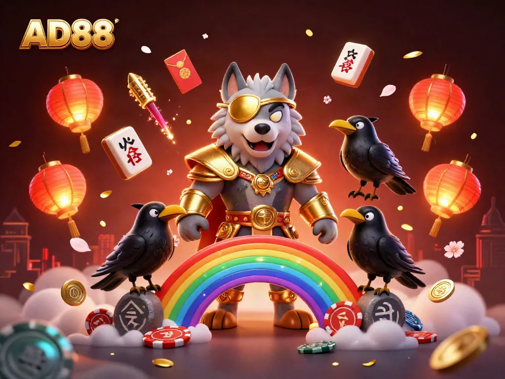 Experience thrilling gaming with AD88 in an enchanting 3D illustration filled with Norse and casino elements.